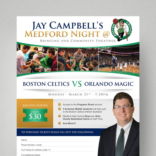 Handout design with the title 'Community Fundraiser at a Boston Celtics game'