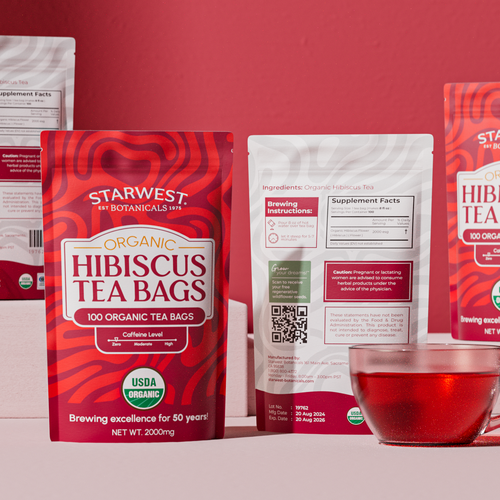 Packet packaging with the title 'Hibiscus tea bags'