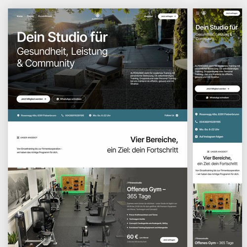 Website with the title 'Premium One-Page Website Design for Health Fitness Studio (ALPENGAINS, Austria, German) - mobil friendly!'