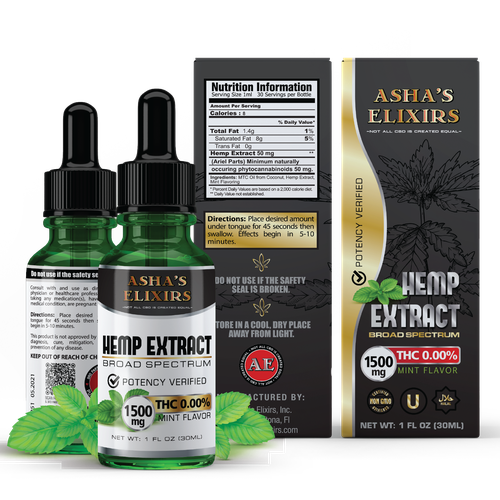 Hemp packaging with the title 'Asha Elixirs '
