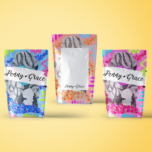 Painted packaging with the title 'Packaging for Penny+Grace 2'