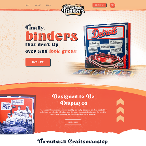 Retro website with the title 'Throwback Binders – Custom Shopify Website for Sports Card Collectors'