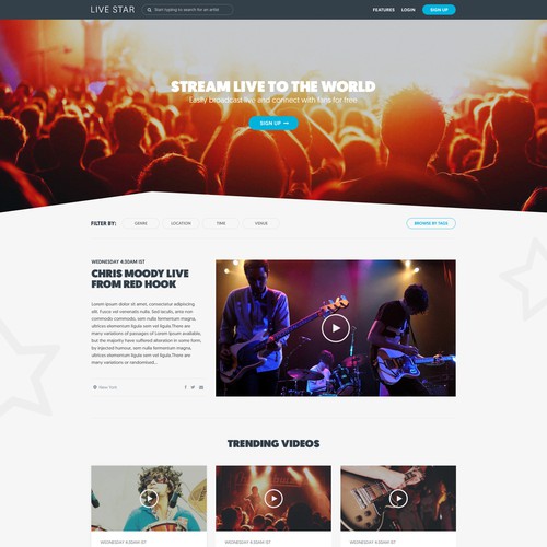 Music website with the title 'Stunning Live Streaming Video Entertainment Site'
