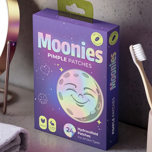 Purple packaging with the title 'Moonies – Pimple Patch Packaging'