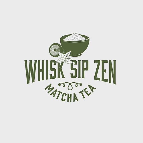 Tea logo with the title 'Whisk Sip Zen Matcha Tea'