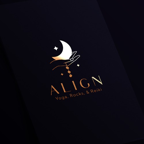 Crystals logo with the title 'A spiritually oriented elegant and mystical logo design concept for a place which offers yoga classes, sound healing, reiki & therapeutic massage in addition to a metaphysical shop'