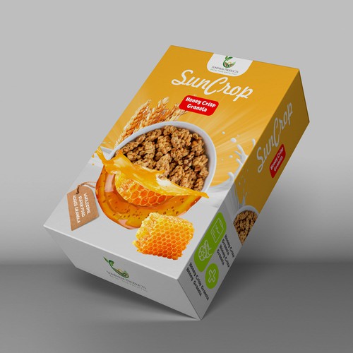 Industrial packaging with the title 'SunCrop Honey crisp granola packing design'