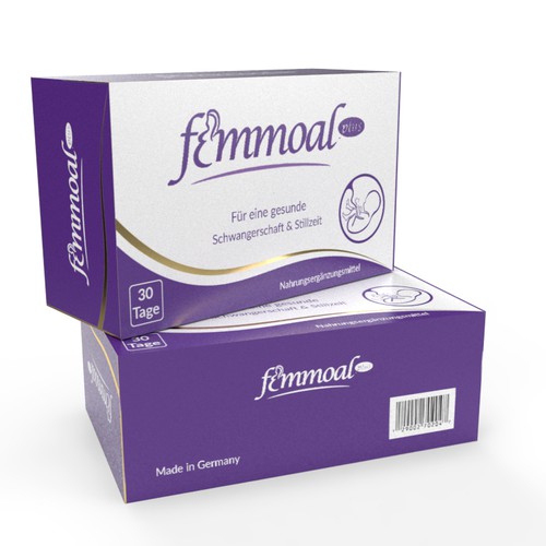 Medicine packaging with the title 'Femmoal Pus Box design'