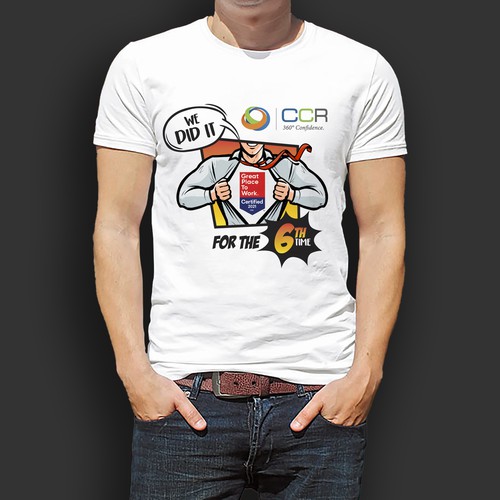 Cartoon t-shirt with the title 'Help Us Surprise Our Team on Being Certified as a GREAT Place to Work!'