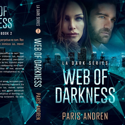 Thriller book cover with the title 'Web of Darkness - Romantic suspense'