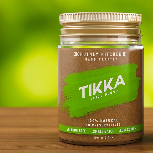 Jar label with the title 'Tikka spice blend'