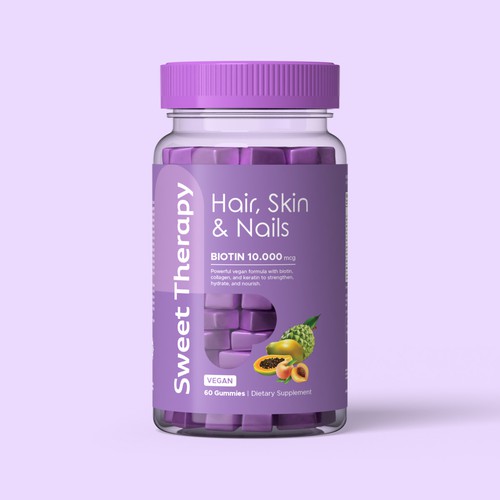Medical label with the title 'Creative & Stylish Label Design for Hair & Nails Gummies – Sweet Therapy'