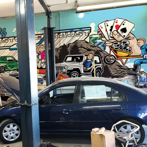 Garage design with the title 'Mural for Car Custom Exhaust Garage'