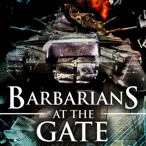 Futuristic book cover with the title 'Create cover art for a supplement to the greatest futuristic tank board game ever: Ogre'