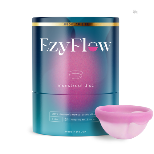 Feminine packaging with the title 'EzyFlow – Menstrual Disc Packaging Design'