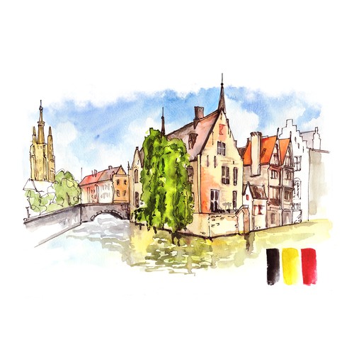 City artwork with the title 'Hand painted water-colour sketch for travel book'