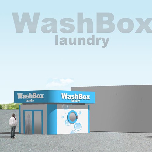 Presentation artwork with the title 'Create a fresh, eye-catching illustration of a laundromat add-on to a Petrol Filling Station'