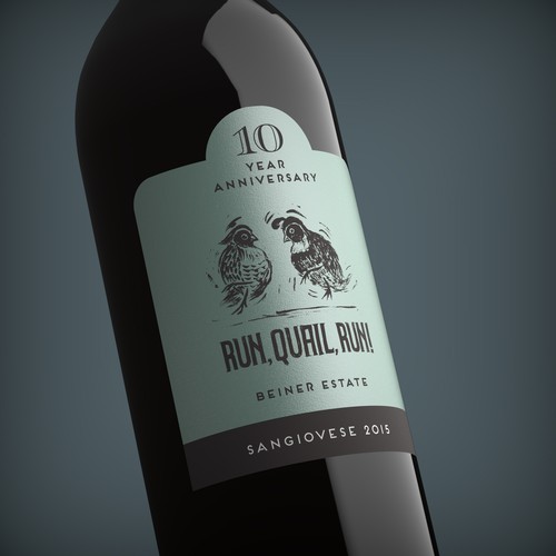 Bird label with the title '10 years of quail running'