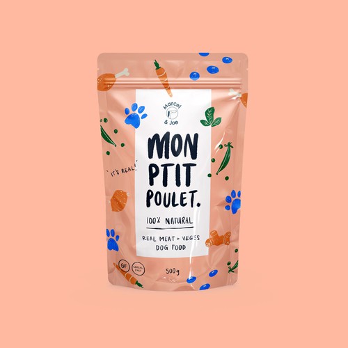 Fresh packaging with the title '100% Natural Dog Food Label'