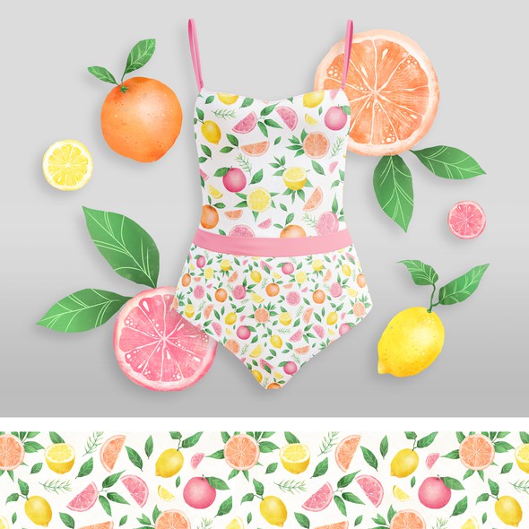 Surface pattern artwork with the title 'Watercolor fruit print for Swimwear company'