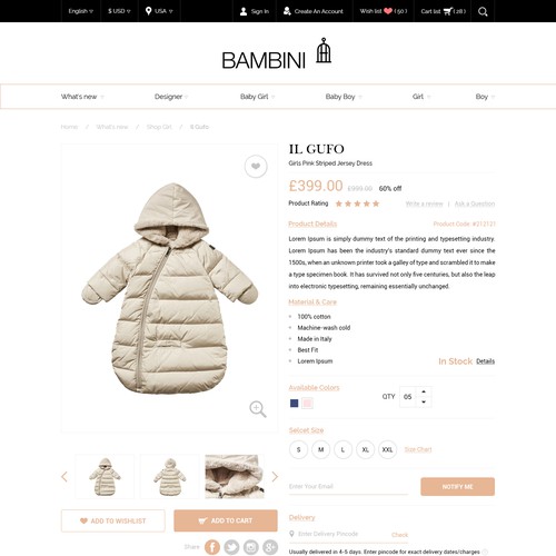 Ecommerce website with the title 'Product detail page design - shopify - children clothing'