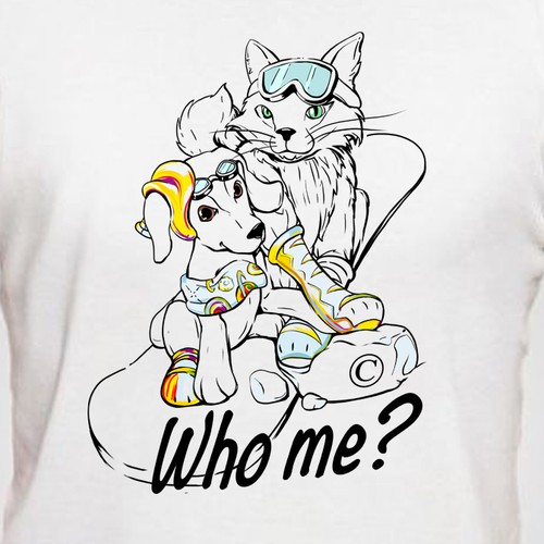 Cat t-shirt with the title 'Cat and dog on snowboard'