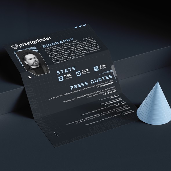 DJ design with the title 'Pixelgrinder Musician Bio One-Sheet'