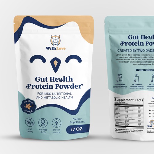 Children's packaging with the title 'Gut health protein powder pouch bag design '