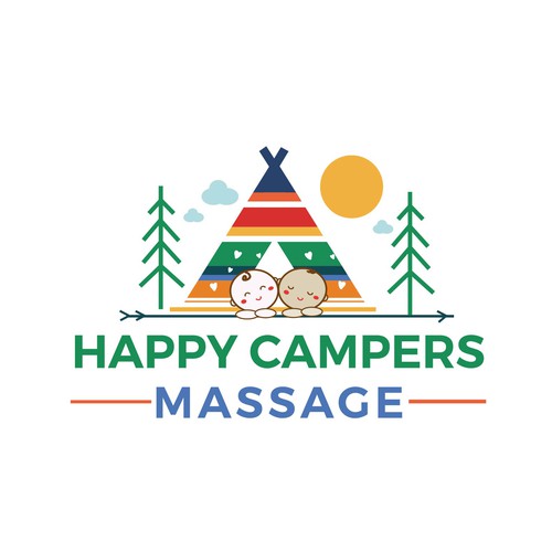 Camping design with the title 'Cute and colorful logo for the Happy Campers Masagge'