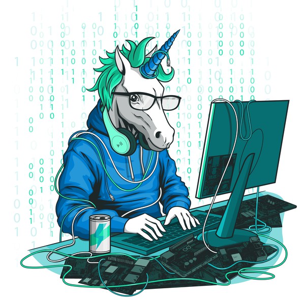 Adobe Illustrator artwork with the title 'Cyber Unicorn – Tech Enthusiast Illustration'