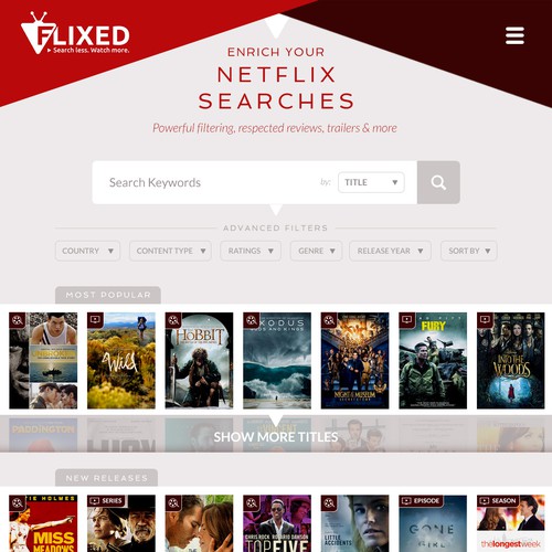 Red website with the title 'Clean, cutting edge design for Flixed, a Netflix sorting service'