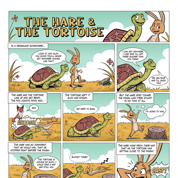 Comic book artwork with the title 'The Hare and The Tortoise Comic Page'