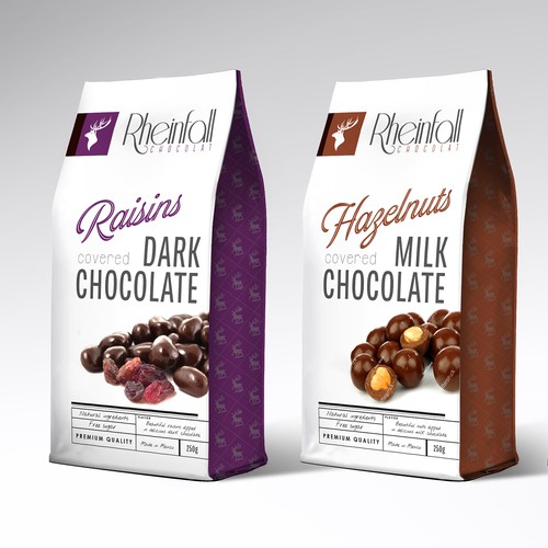 Dark chocolate packaging with the title 'Hazelnuts covered Swiss Chocolate'
