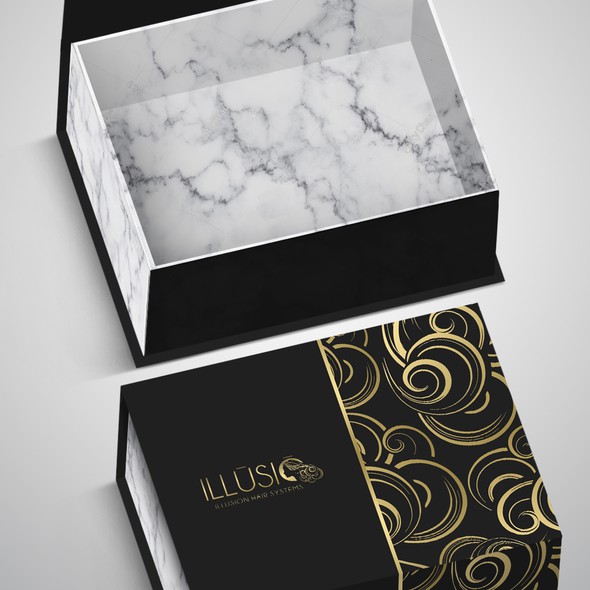 Gold packaging with the title 'package and label'