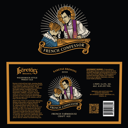 Craft beer label with the title 'FRENCH CONFESSOR Farmhouse Ale'