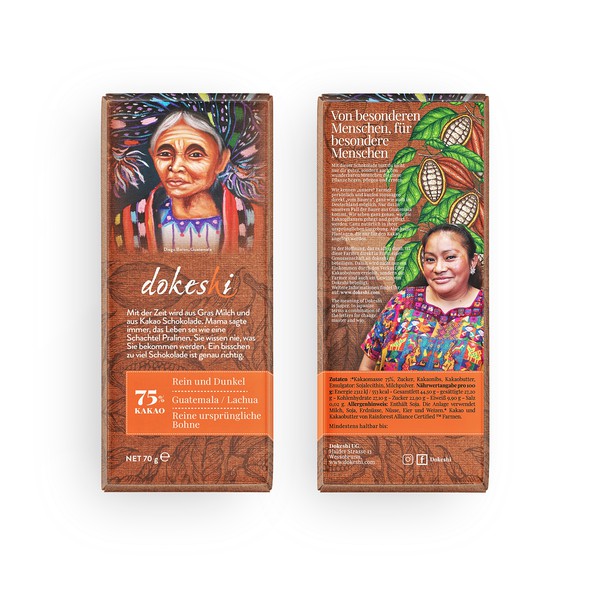 Chocolate packaging with the title 'Dokeshi Chocolate - direct source from farm'