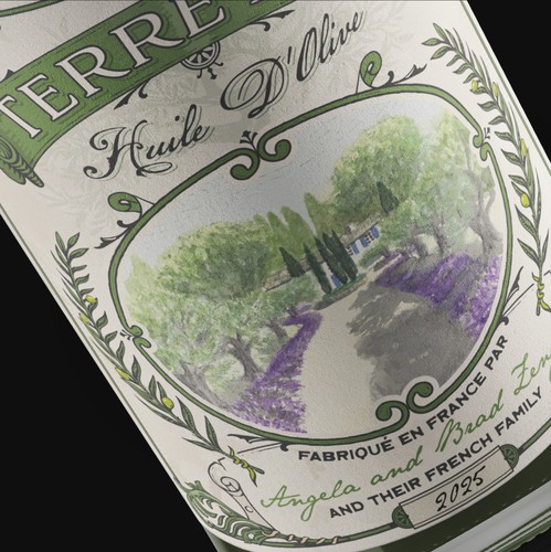 Bottle packaging with the title 'Terre Baz Olive Oil Label'