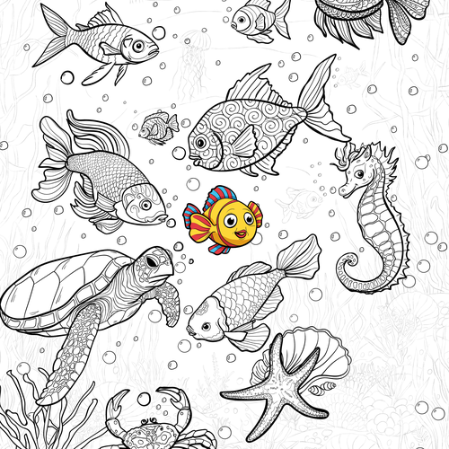 Turtle illustration with the title 'Coloring Book Illustrations'