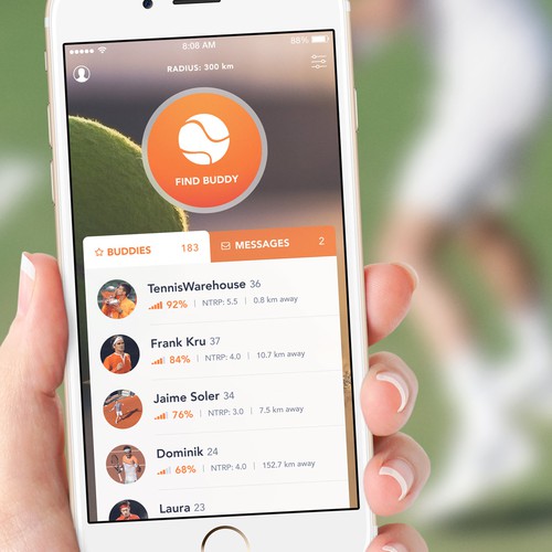 White and orange design with the title 'Social Network for Tennis Players App Concept'
