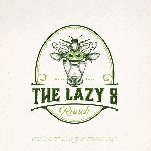 Cow logo with the title 'THE LAZY 8 RANCH LOGO DESIGN'