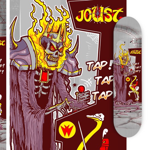 Artwork illustration with the title 'Create an epic skateboard design themed on videogames'