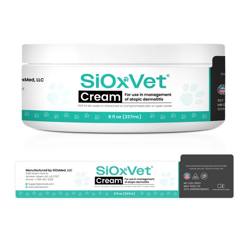 Amazon packaging with the title 'Professional Jar Label Design for SiOxVet Topical Cream'