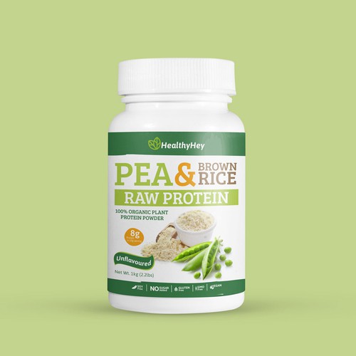 Food packaging label with the title 'Pea & Brown rice Raw protein'