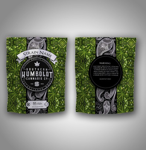 Ornament design with the title 'branded mylar bag for a medicinal cannabis company'