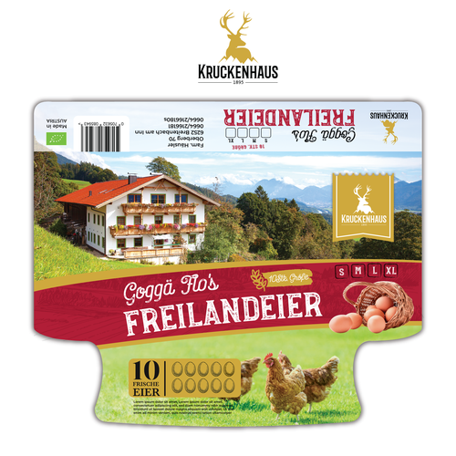 Farm label with the title 'Egg carton label Design for Tyrolean mountain farm'