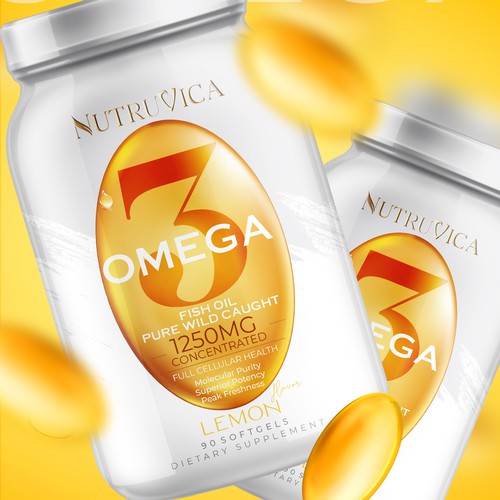 Minimalist label with the title 'Omega 3 Fish Oil'