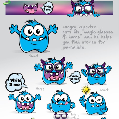Artwork with the title 'Fun Mascot Design with Moods for Hungry Reporter'
