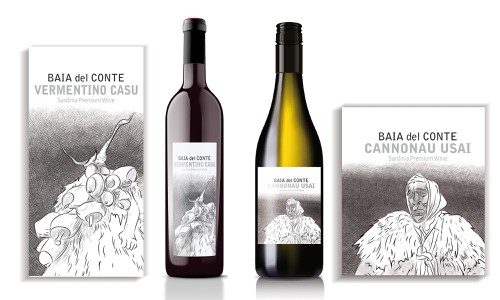 Drawing label with the title 'WINELABEL/WEINETIKETT: Sardinia Premium Wine - Sardische Cru Weine'