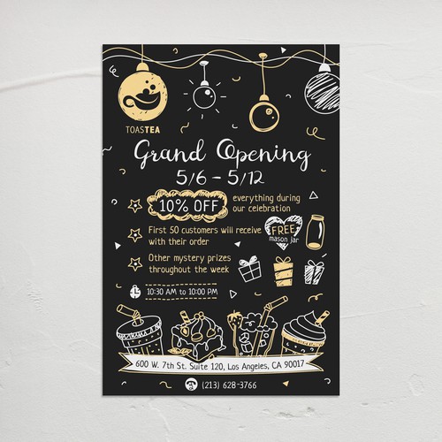Rustic-modern design with the title '"Grand Opening" flyer design in blackboard menu style for new Tea shop in Los Angeles. '
