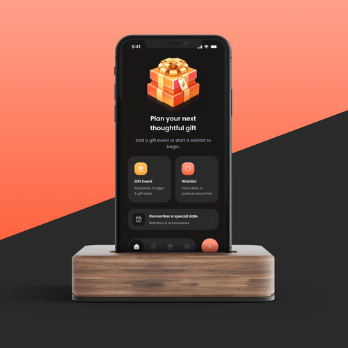 Present design with the title 'Modern UI design for a gift-planning/wishlist mobile app'